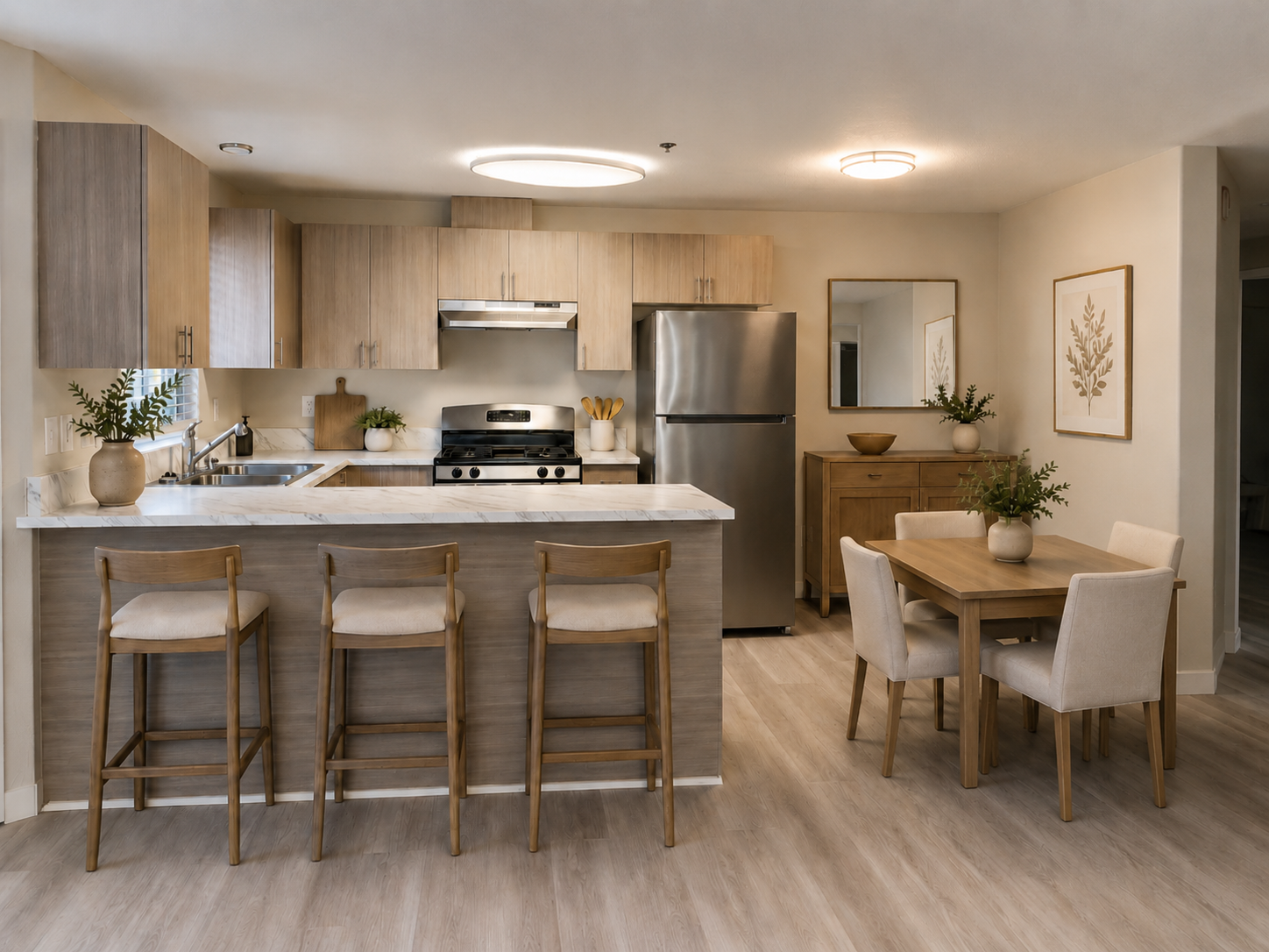  kitchen with light wood cabinets, gas range, and sink beneath large window and dining area with table