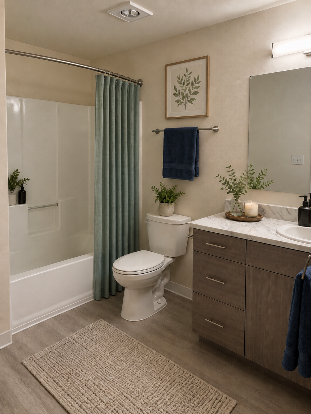 Bathroom with shower tub combo and vanity with light wood cabinets