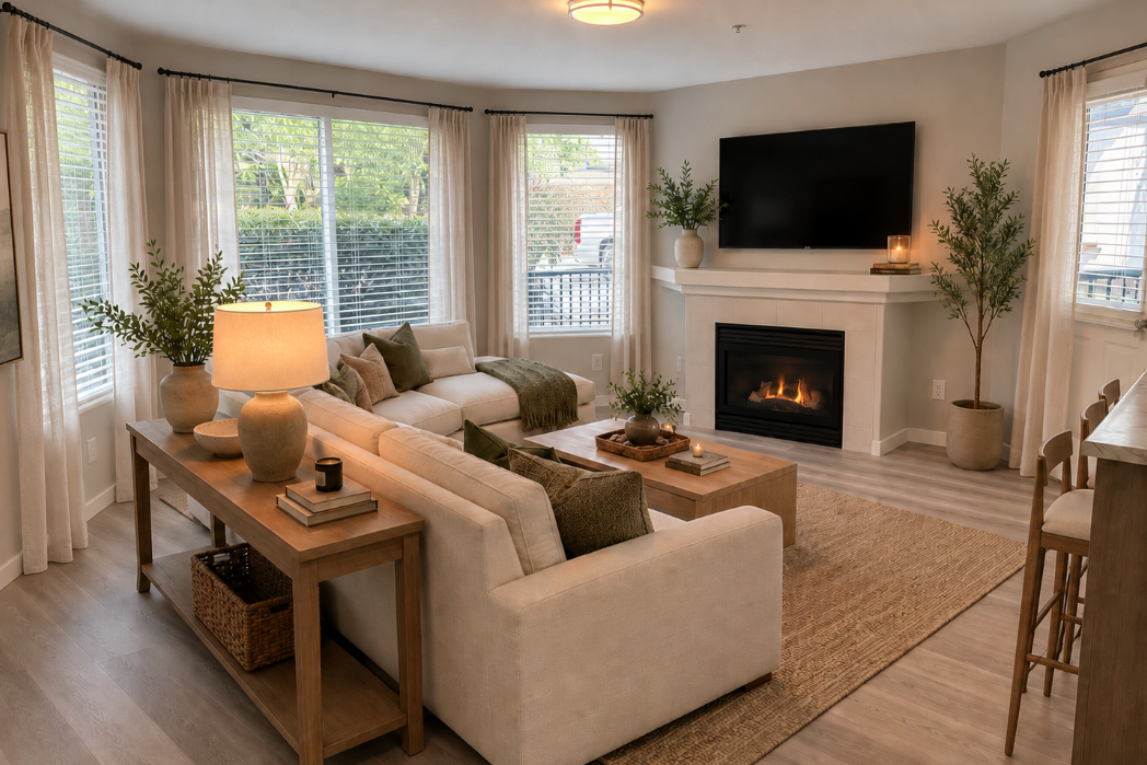 Apartment living room with fireplace, a couch, and bay window at Veri at 1319 in Vancouver, WA.