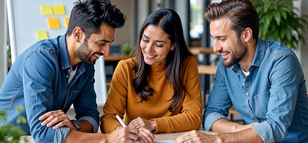 Three people on a desk brainstorming