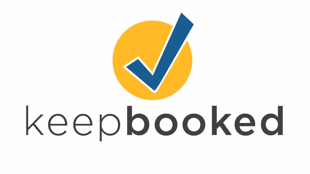 Keepbooked logo with a blue check mark inside a yellow circle above text.