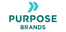 Logo with two turquoise forward arrows above the words Purpose Brands in green text.