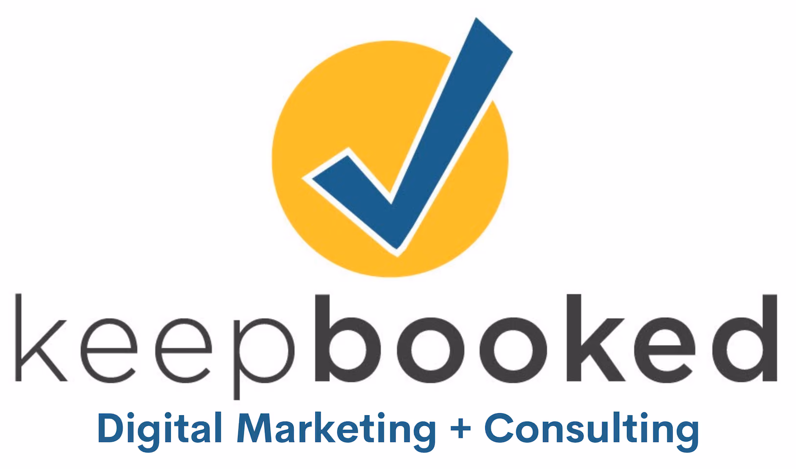 KeepBooked logo with blue checkmark inside yellow circle and text Digital Marketing + Consulting below.