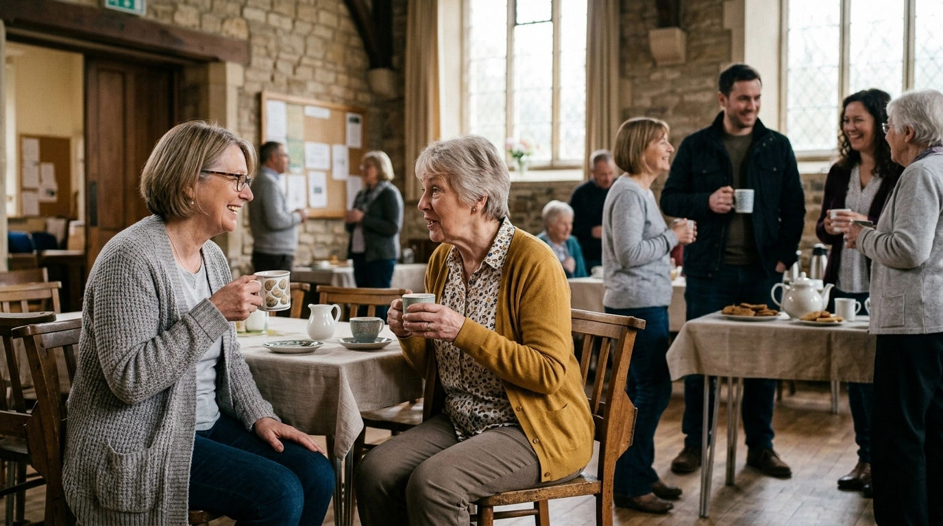 People chatting over tea after church in a warm and welcoming setting