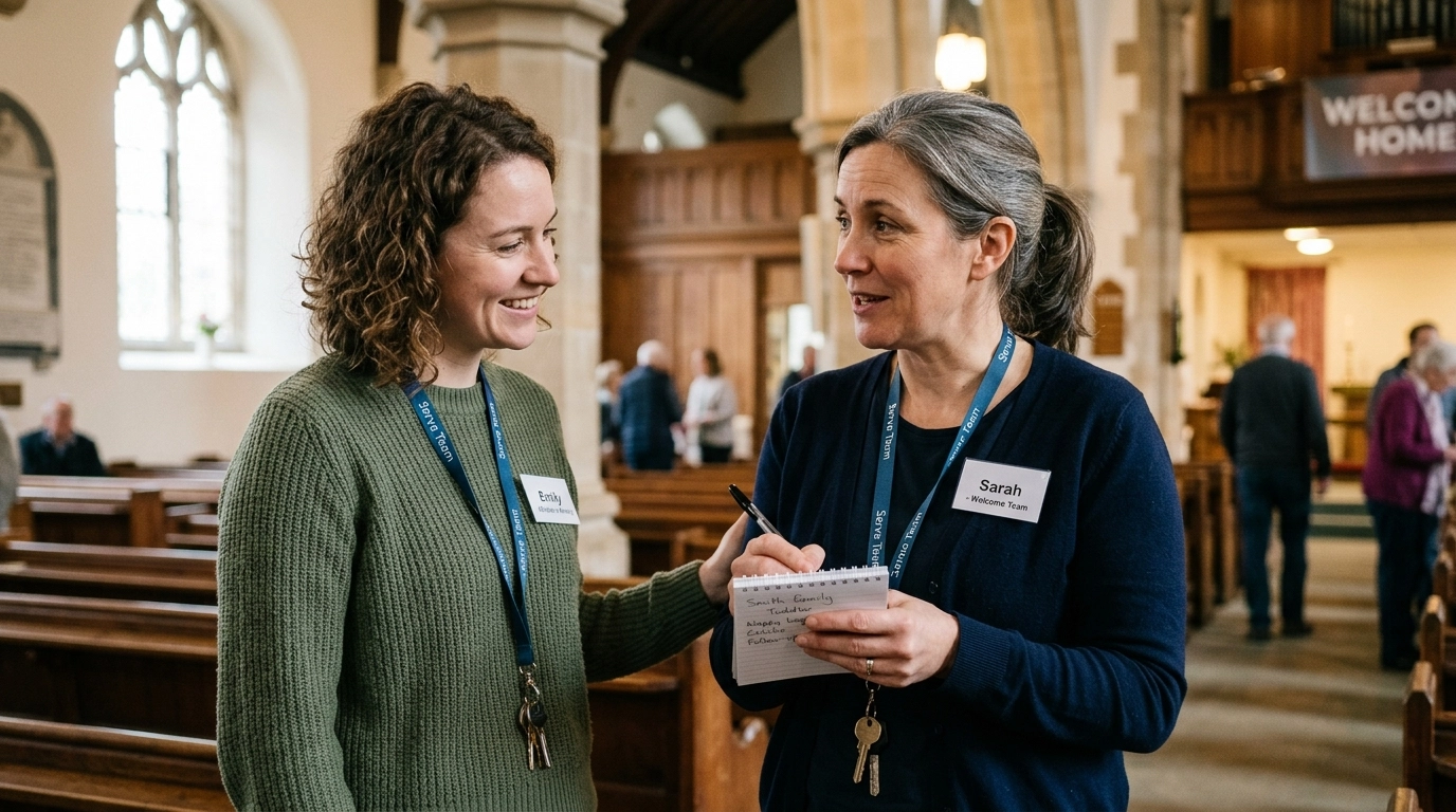 Two church team members having a thoughtful hand-off conversation after a service