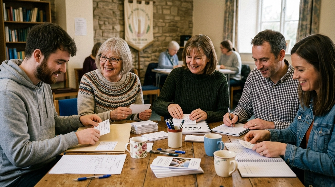 Church volunteers gently organising visitor follow-up notes together around a table