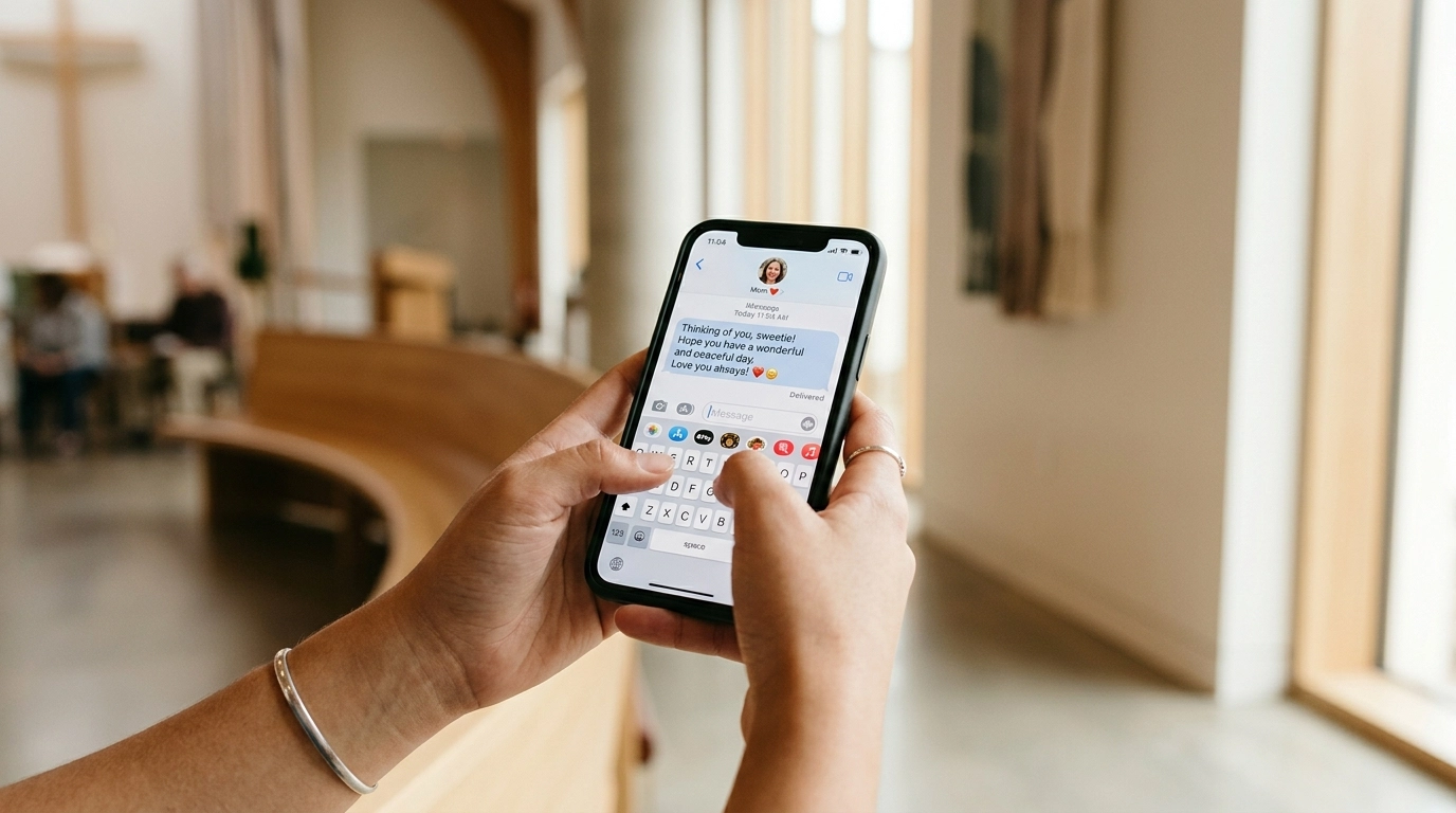 A person receiving a warm welcome text message on their phone