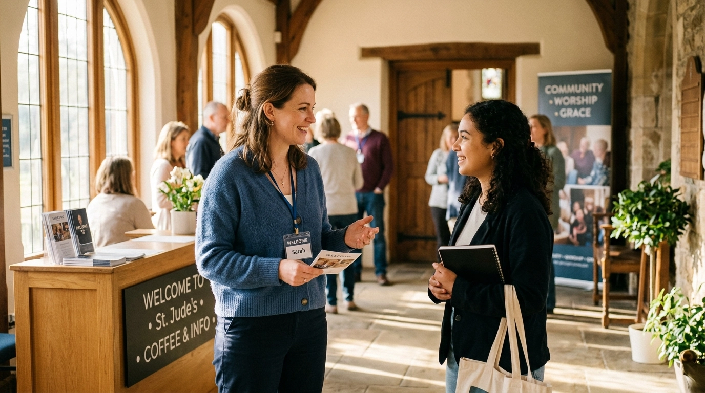 A friendly volunteer greeting a newcomer in a sunlit church foyer