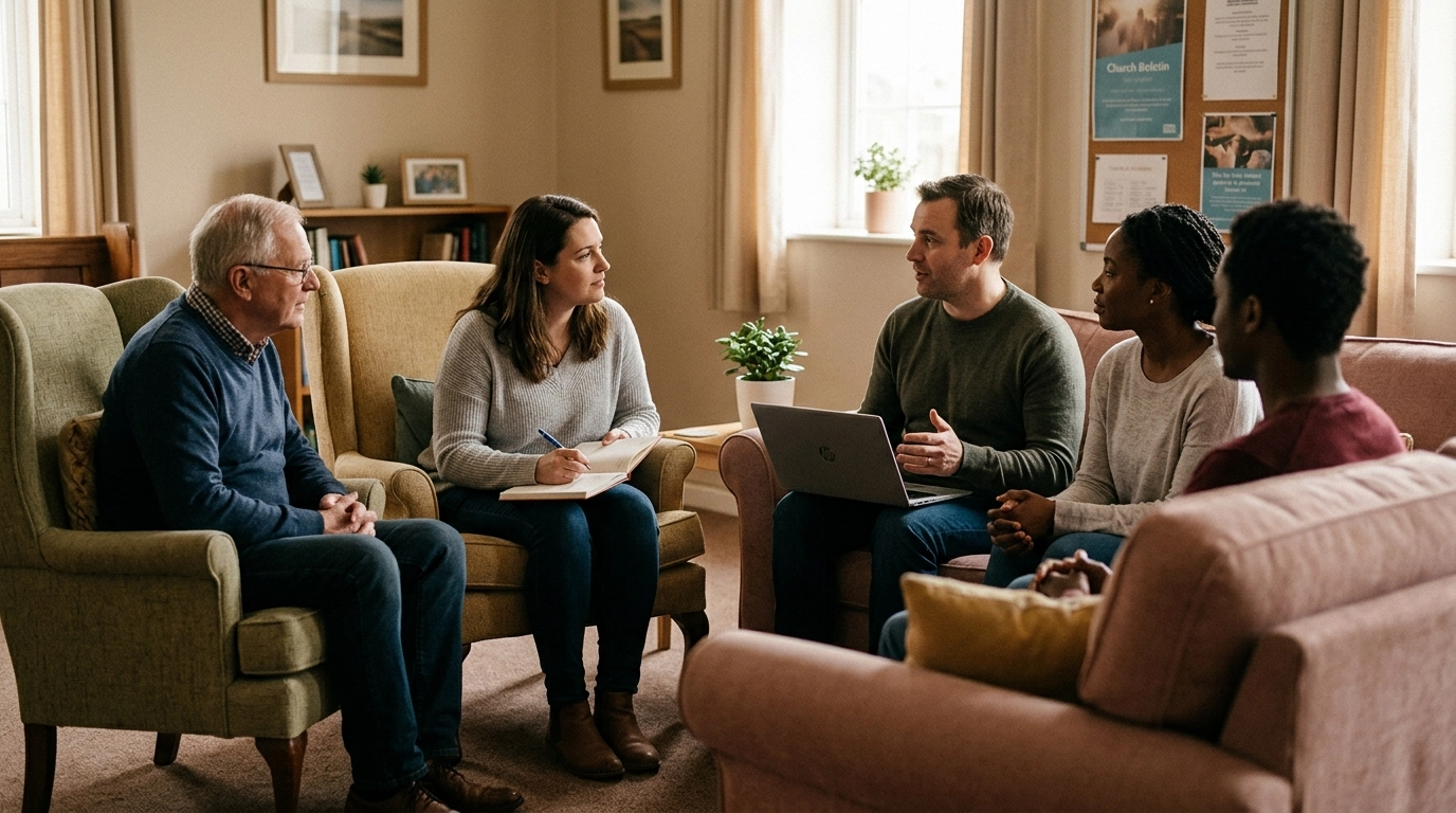 A church volunteer team collaborating in a relaxed, warm environment