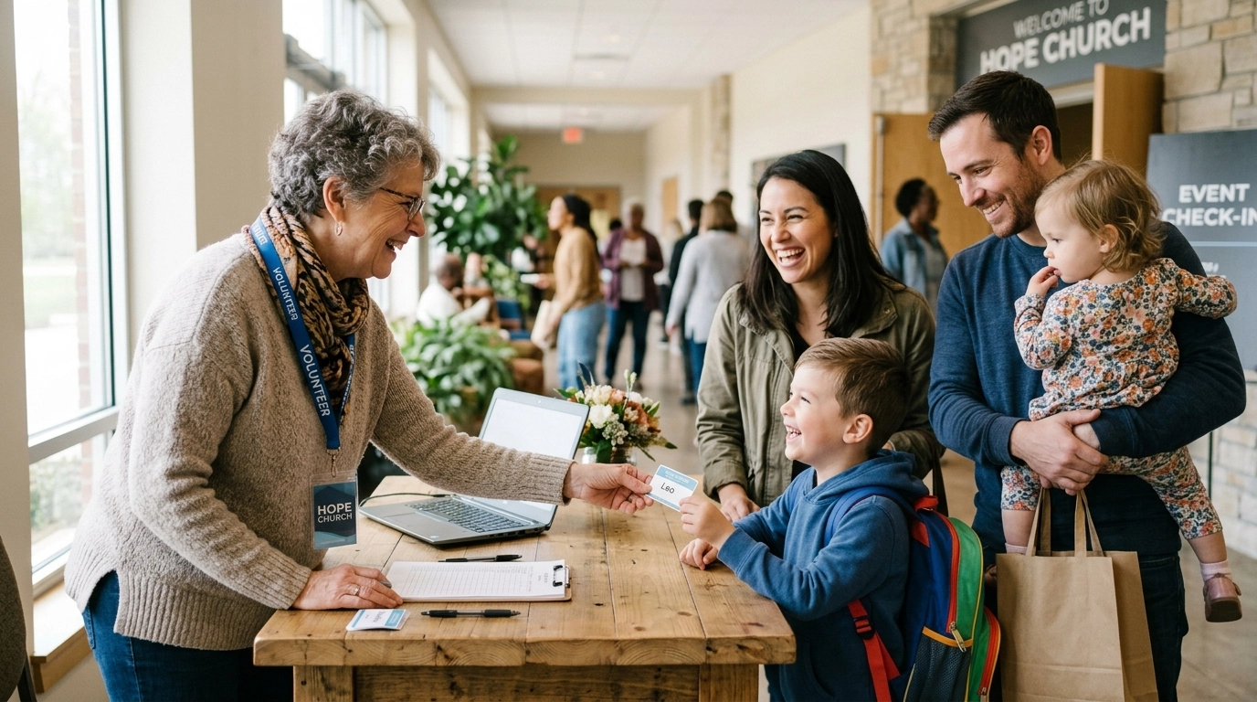 A church volunteer helping a family check-in for an event in a welcoming entrance