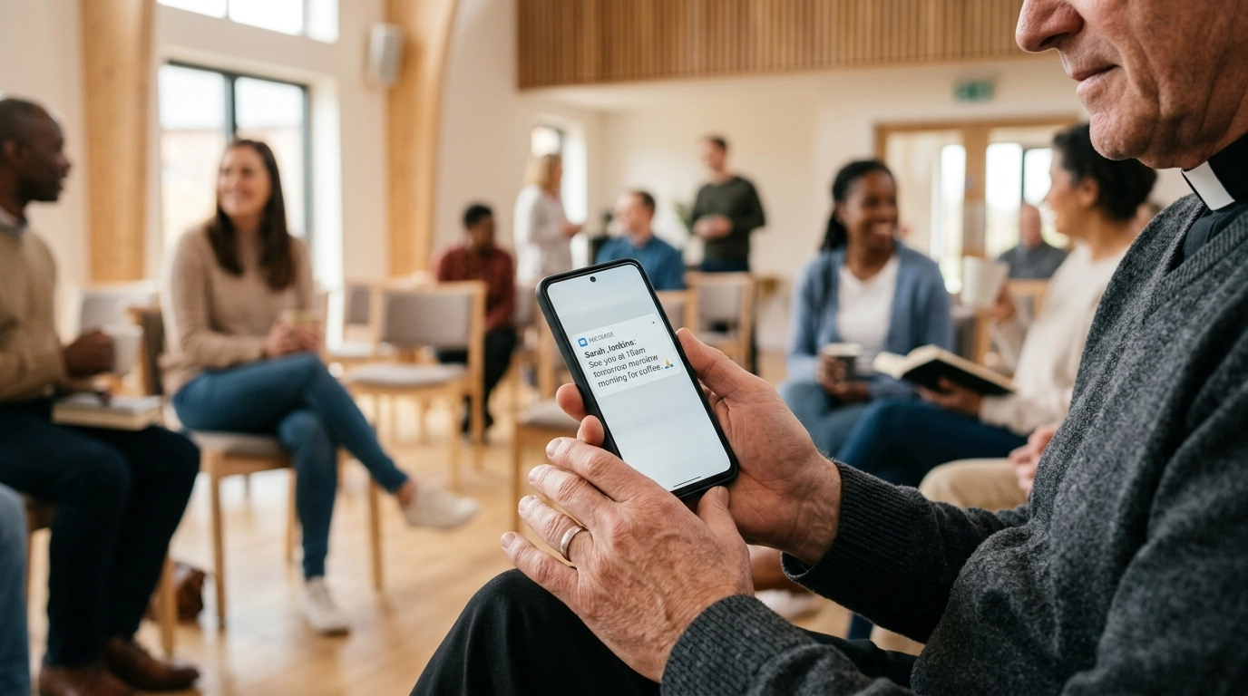 A church leader’s hands holding a smartphone showing a simple and clean notification