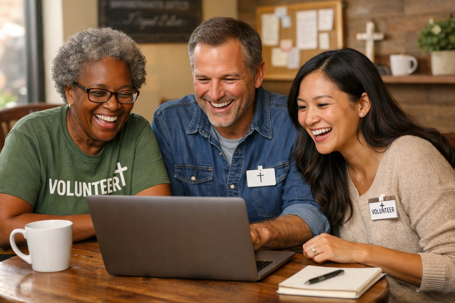A group of diverse church volunteers sitting around a table with a laptop, looking relaxed and engaged