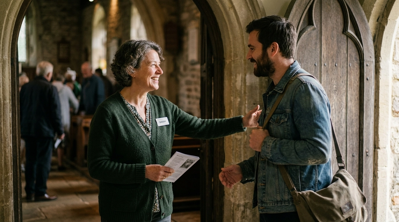 A warm, natural welcome at a church entrance