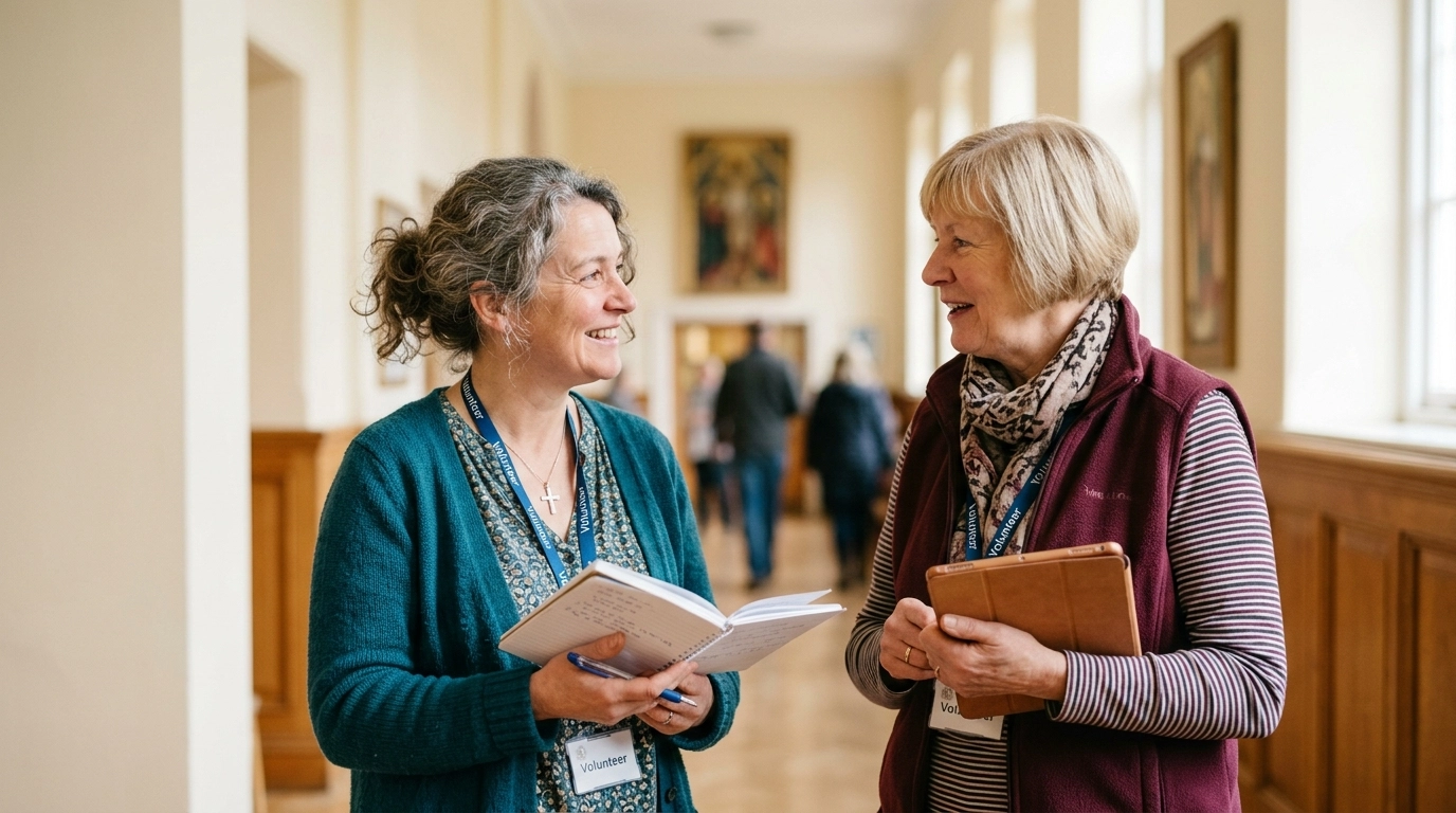 Two church volunteers collaborating warmly