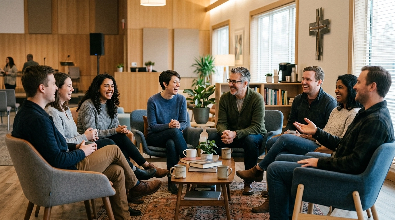A small community group talking and laughing together