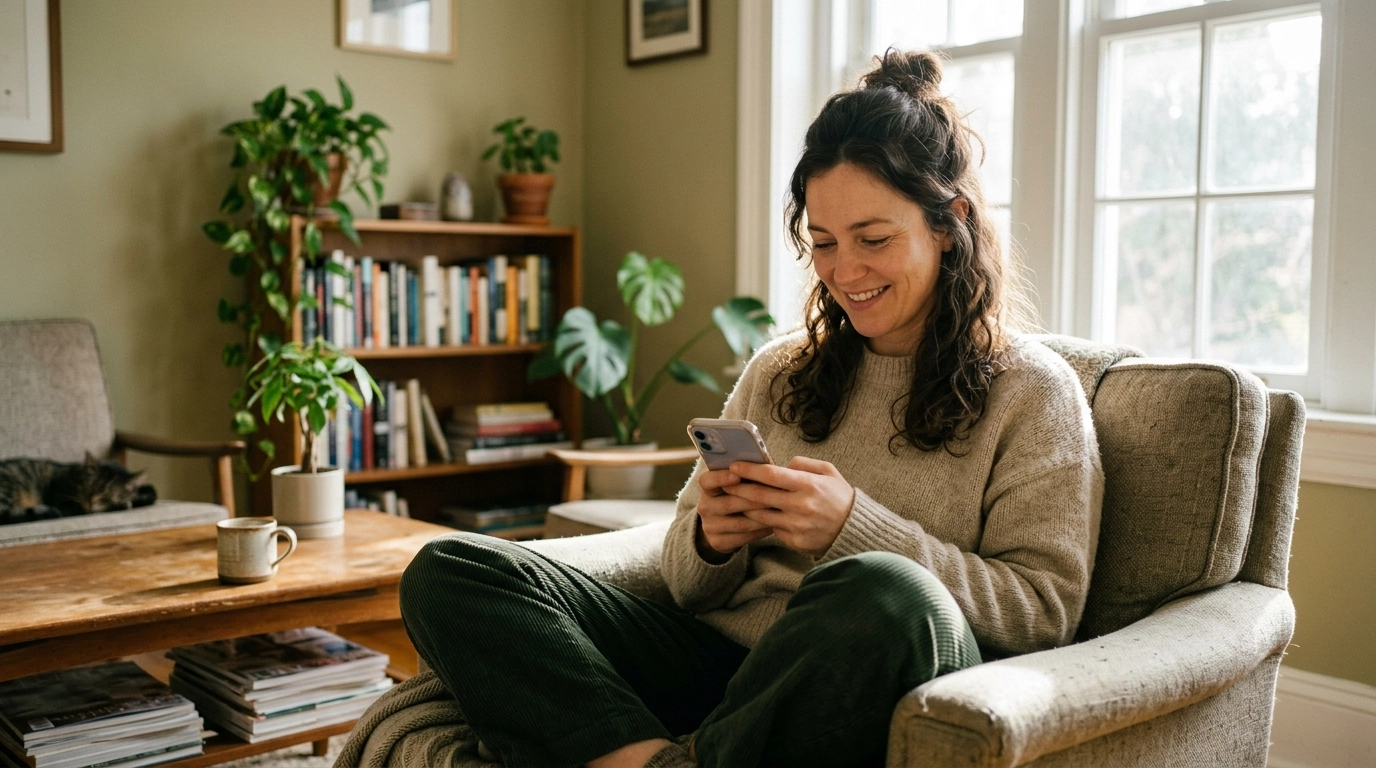 A person receiving a thoughtful text message and smiling