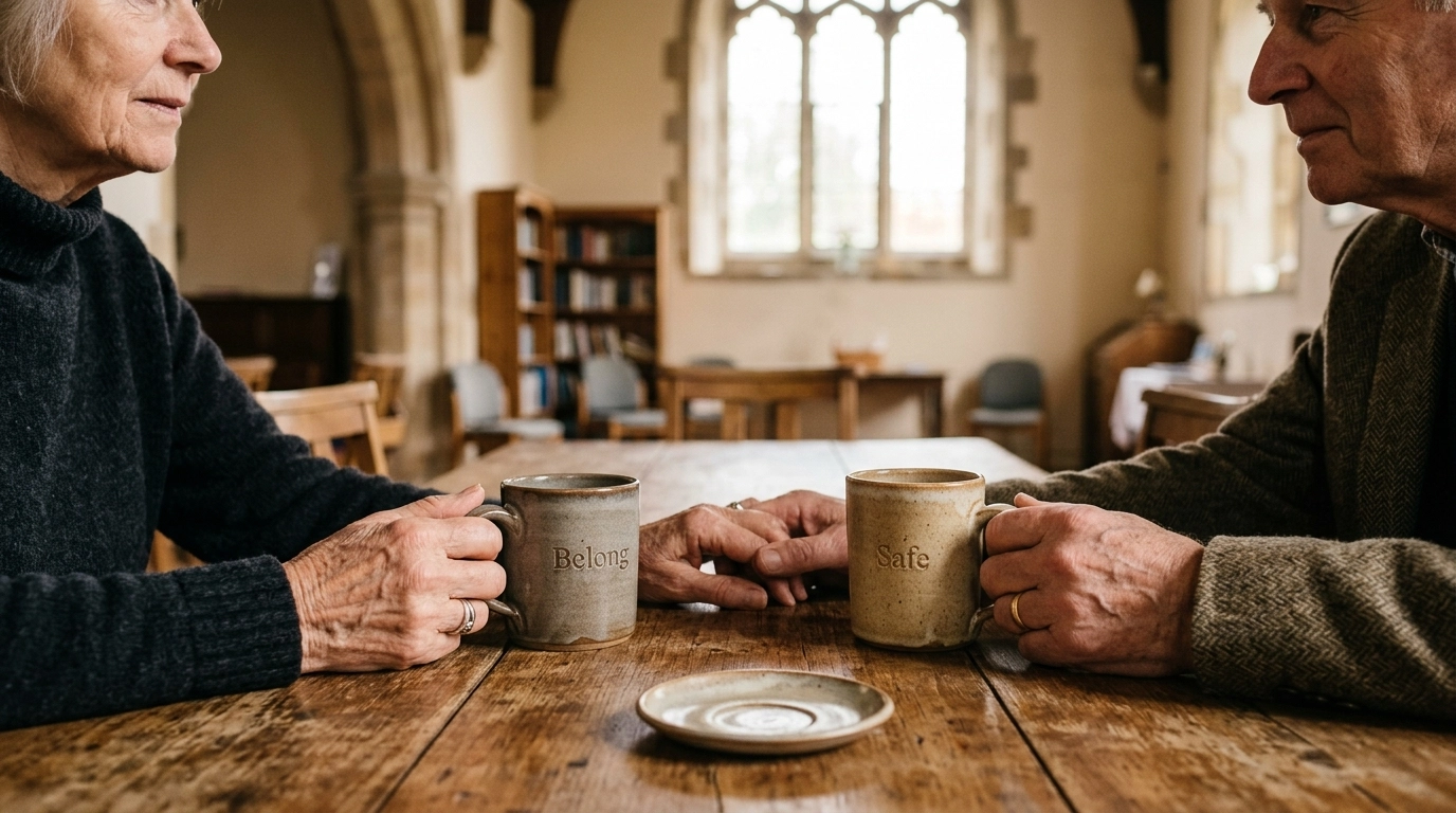 A quiet, intimate conversation over coffee in a church hall