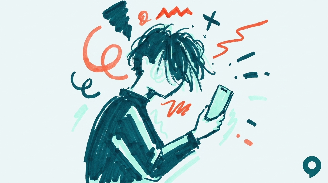 Illustrazione a inchiostro: uso problematico del digitale