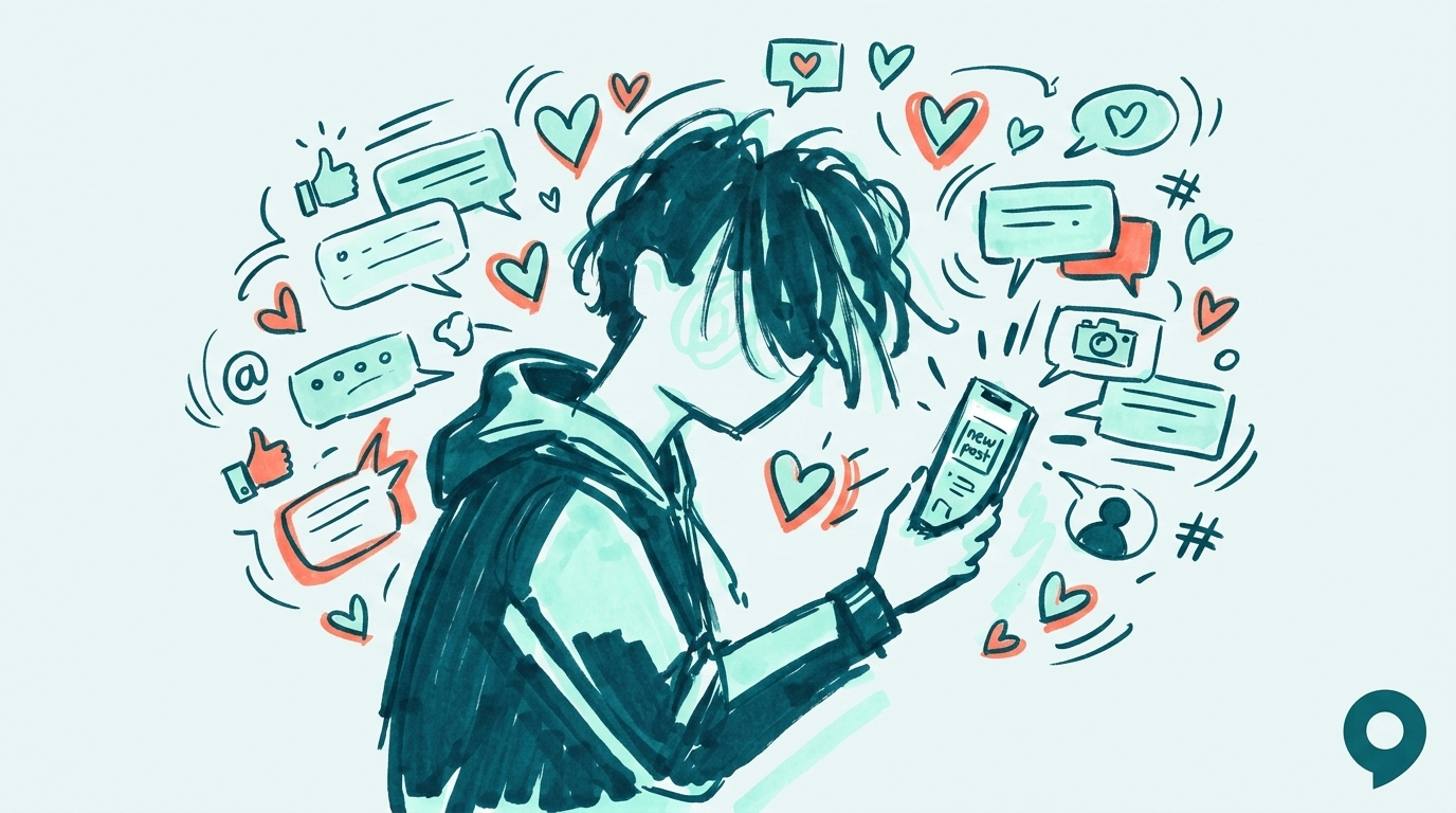 Illustrazione a inchiostro: social e vita digitale