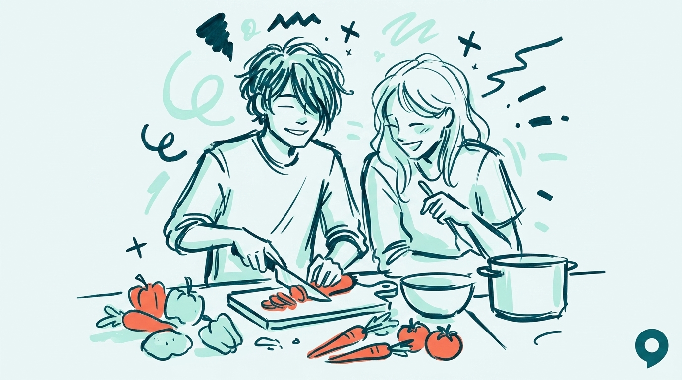 Illustrazione a inchiostro: rapporto con il cibo