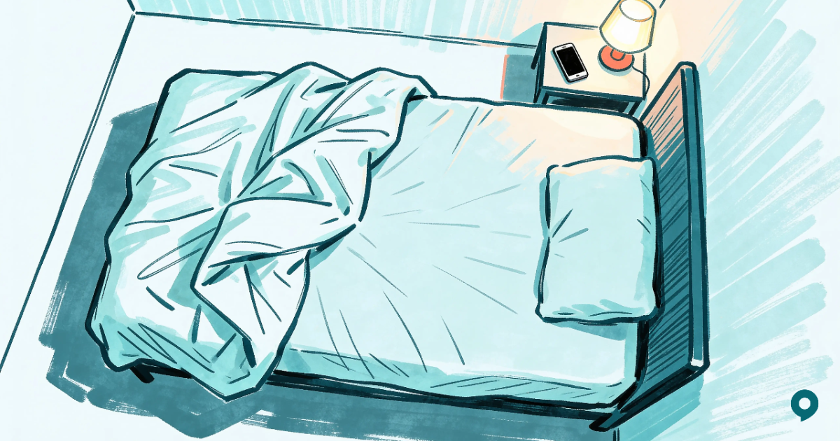 Illustrazione dall'alto: letto e telefono lontano, lampada accesa