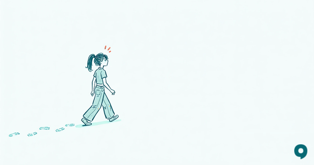 Illustrazione a inchiostro nei toni teal: una ragazza cammina per la propria strada mentre una scia di vecchie impronte devia alle sue spalle
