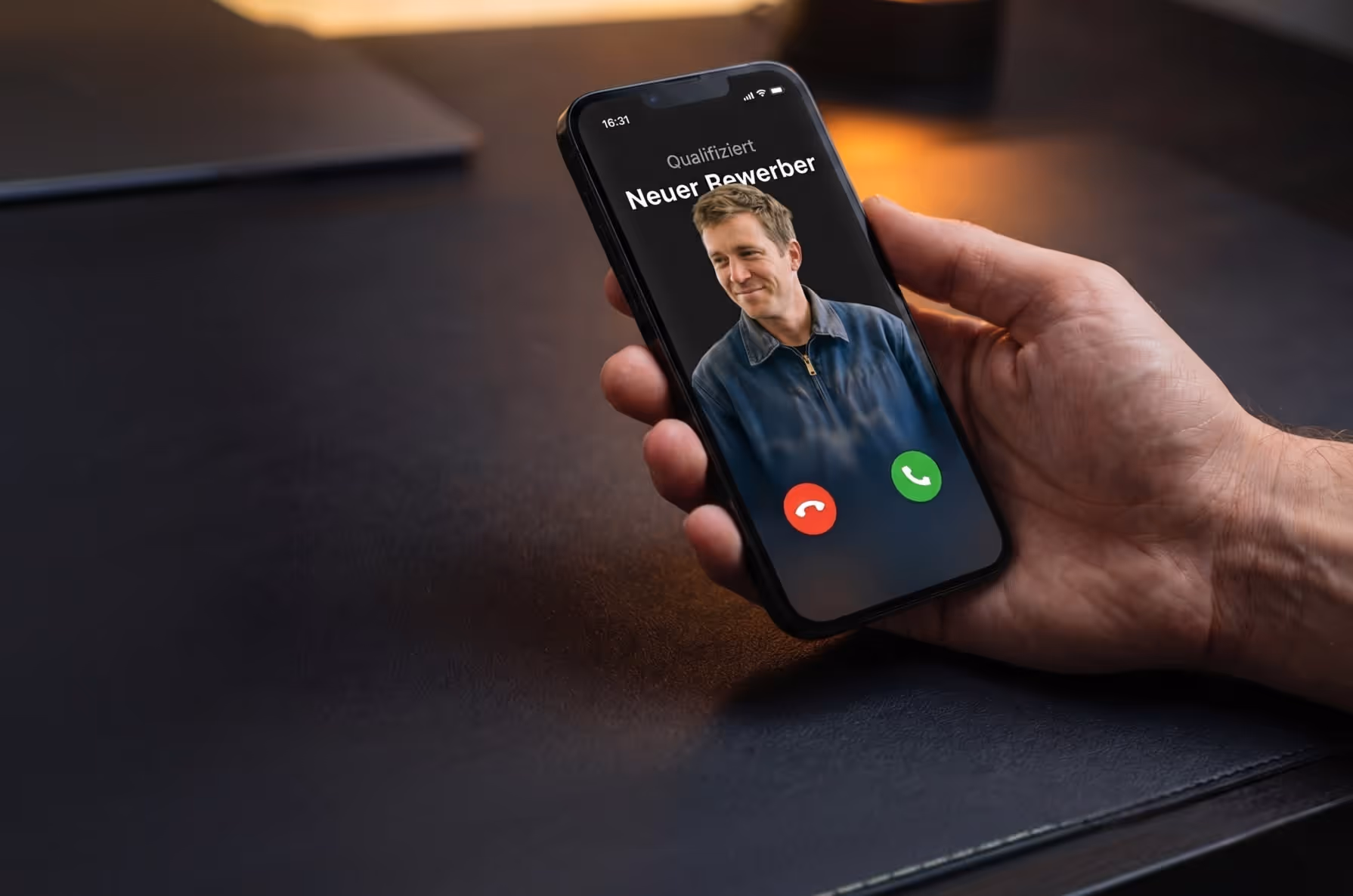 Hand hält ein Smartphone mit einem eingehenden Anruf von einem qualifizierten neuen Bewerber.