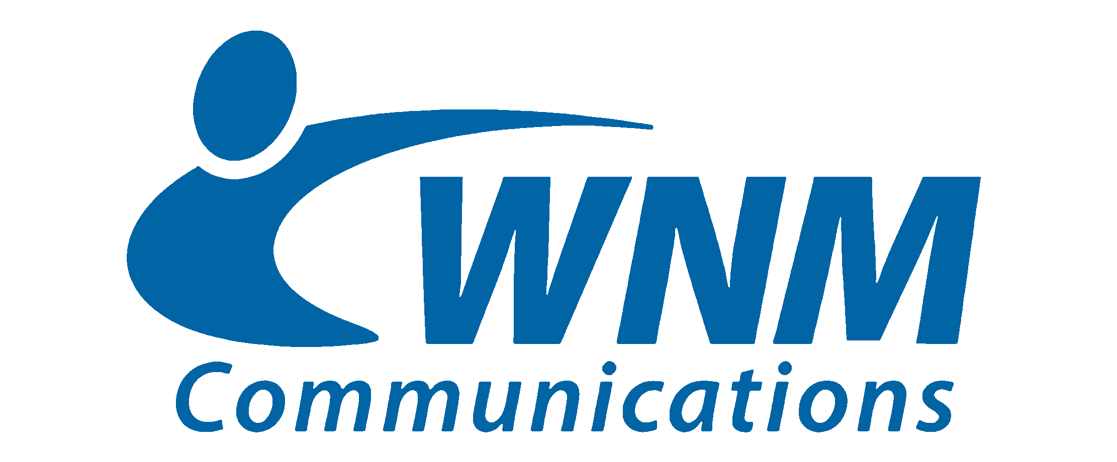 WNM Communications logo with abstract blue figure and text.