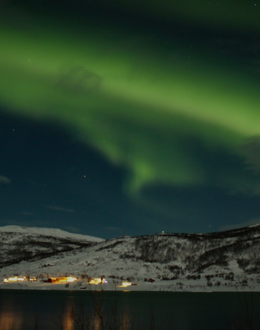 Northern lights glowing green above snow-covered hills with a small lit village by a calm lake at night.