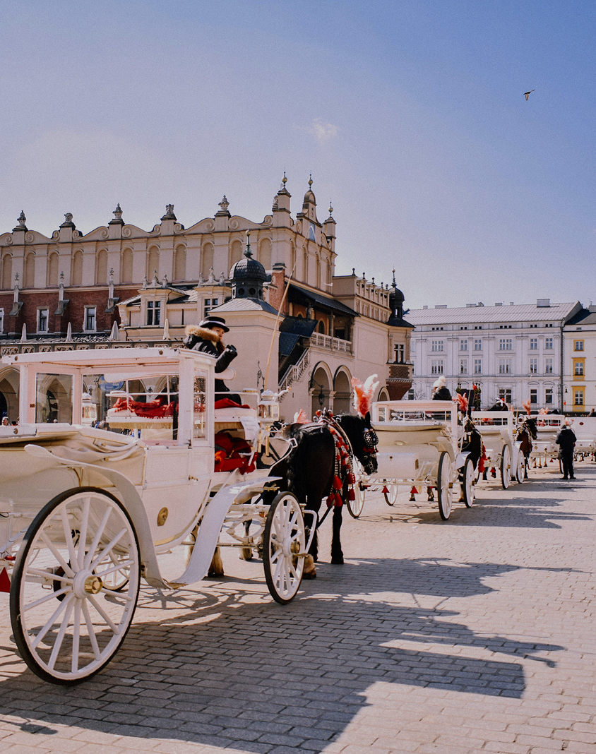 Row of white horse-drawn carriages with drivers in traditional attire in a historic square with ornate buildings under a clear blue sky.