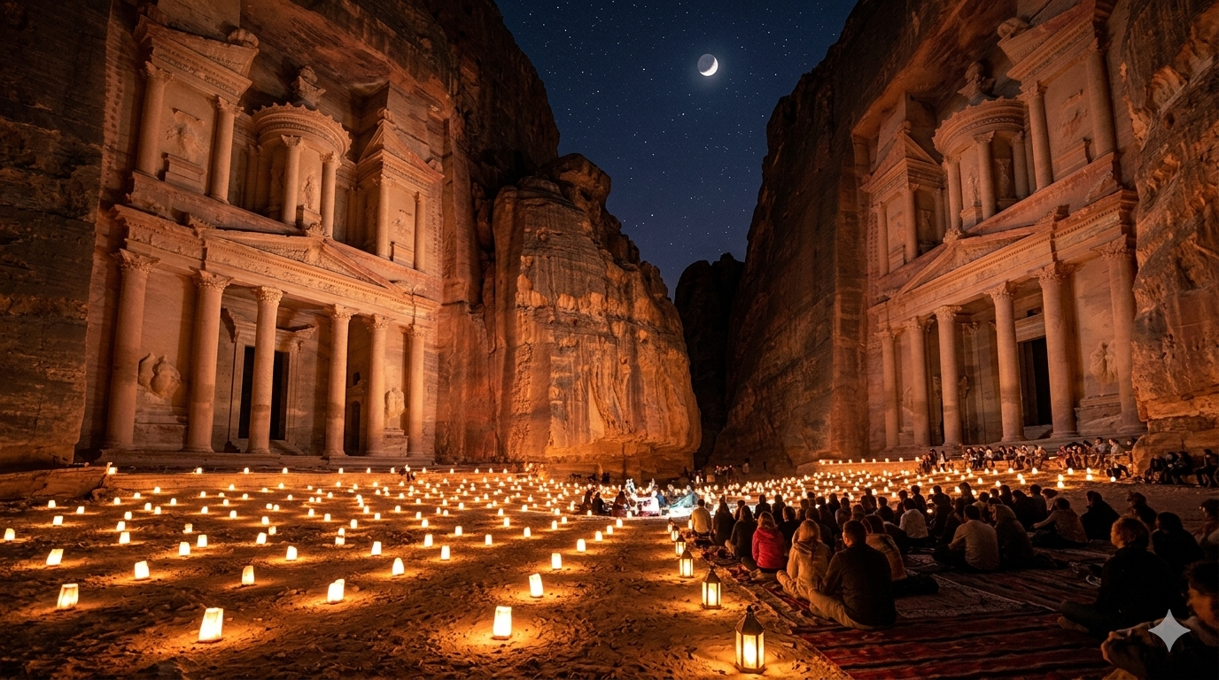 People seated on carpets in front of the illuminated Al-Khazneh rock-cut tomb in Petra at night with rows of glowing lanterns and a crescent moon in the starry sky.