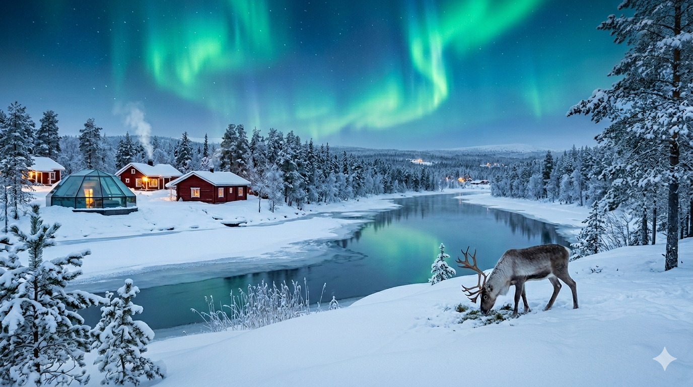 Reindeer grazing on snow-covered ground near a frozen river, with red cabins and the Northern Lights illuminating the snowy forest sky.