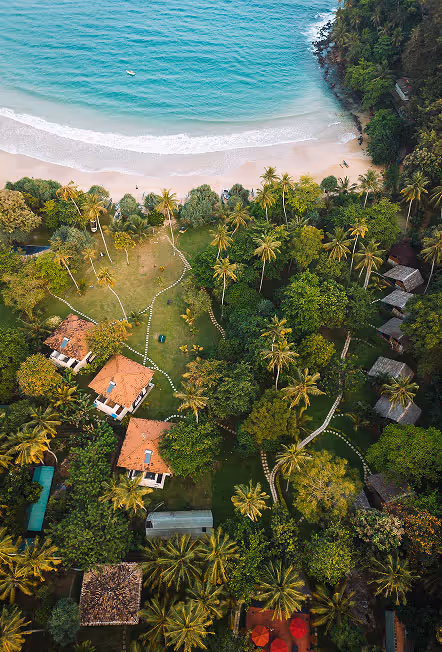 Aerial view of a beachside retreat venue with palm trees and turquoise water