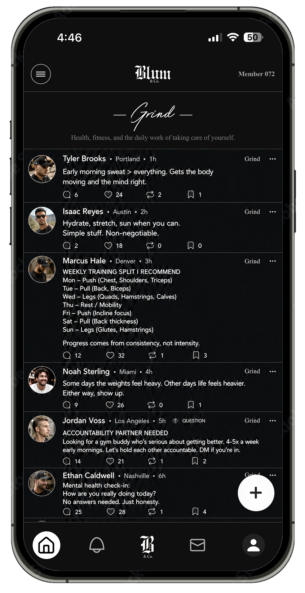 Mobile screen showing Blum & Co. app feed with posts on fitness, training splits, accountability, and mental health.