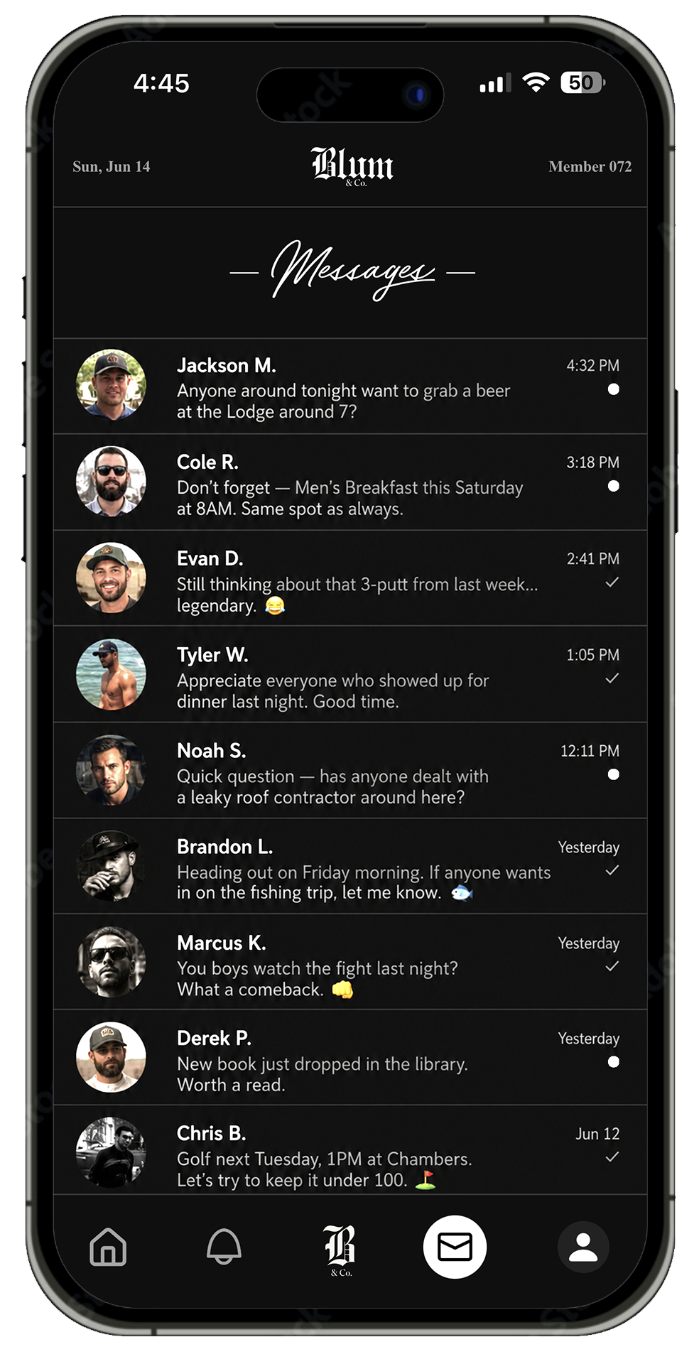 Smartphone screen showing a dark-themed messaging app with conversations from various contacts.