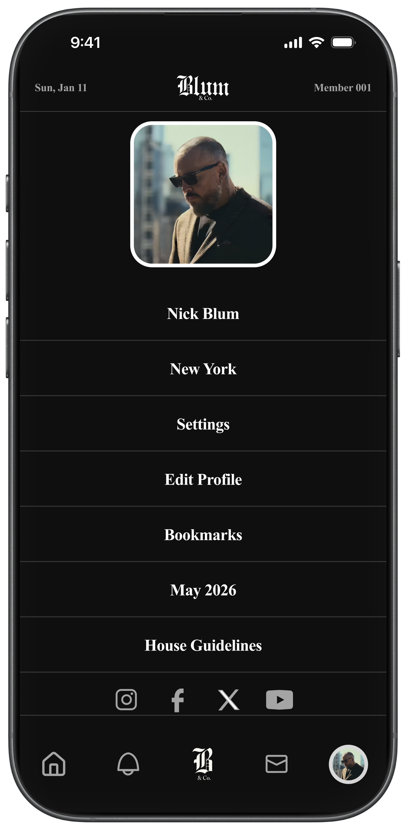 Mobile profile screen showing man with sunglasses, name Nick Blum, location New York, and navigation options.