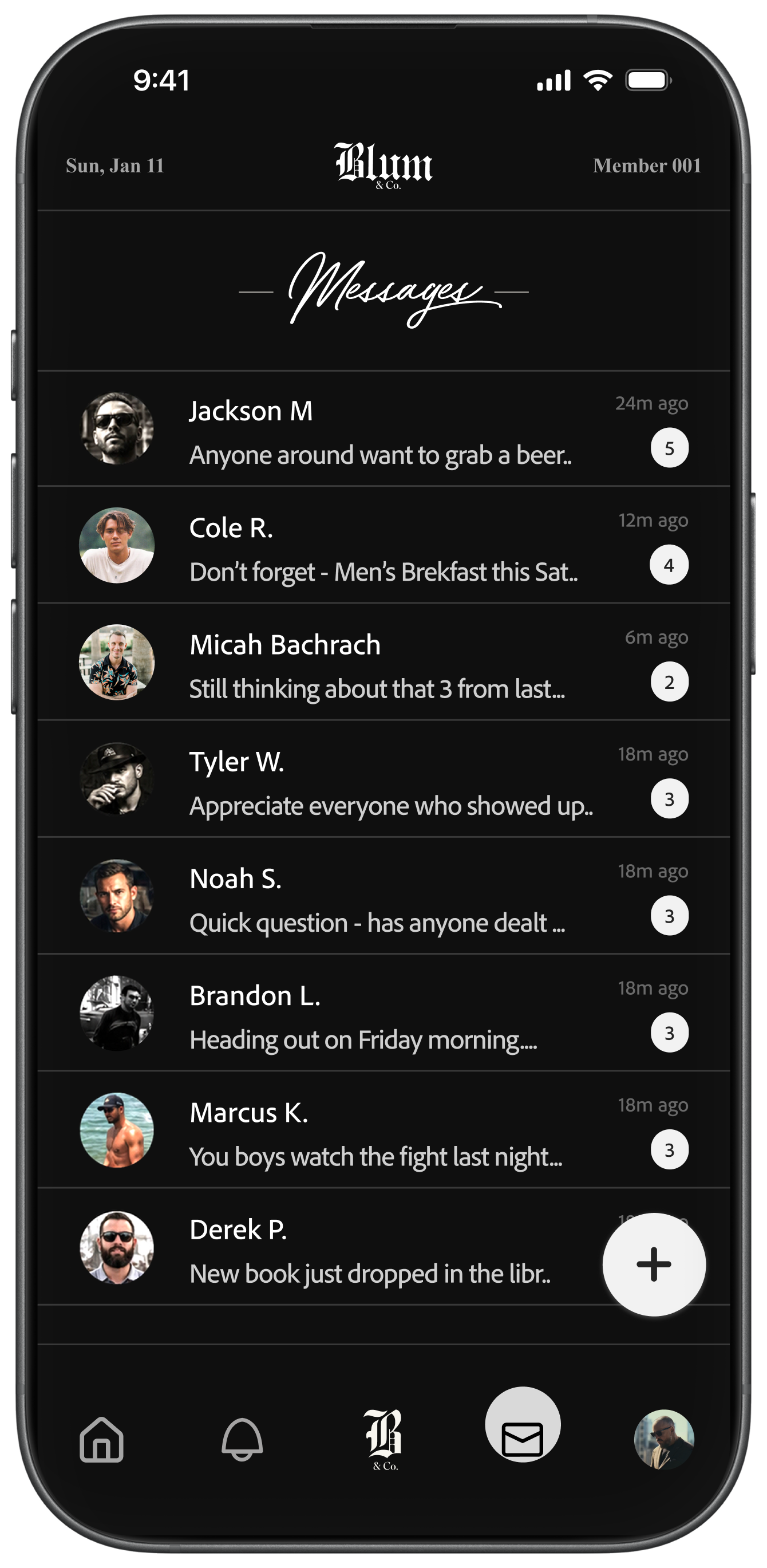 Smartphone screen showing a dark-themed message app with profile photos, names, message previews, and timestamps.