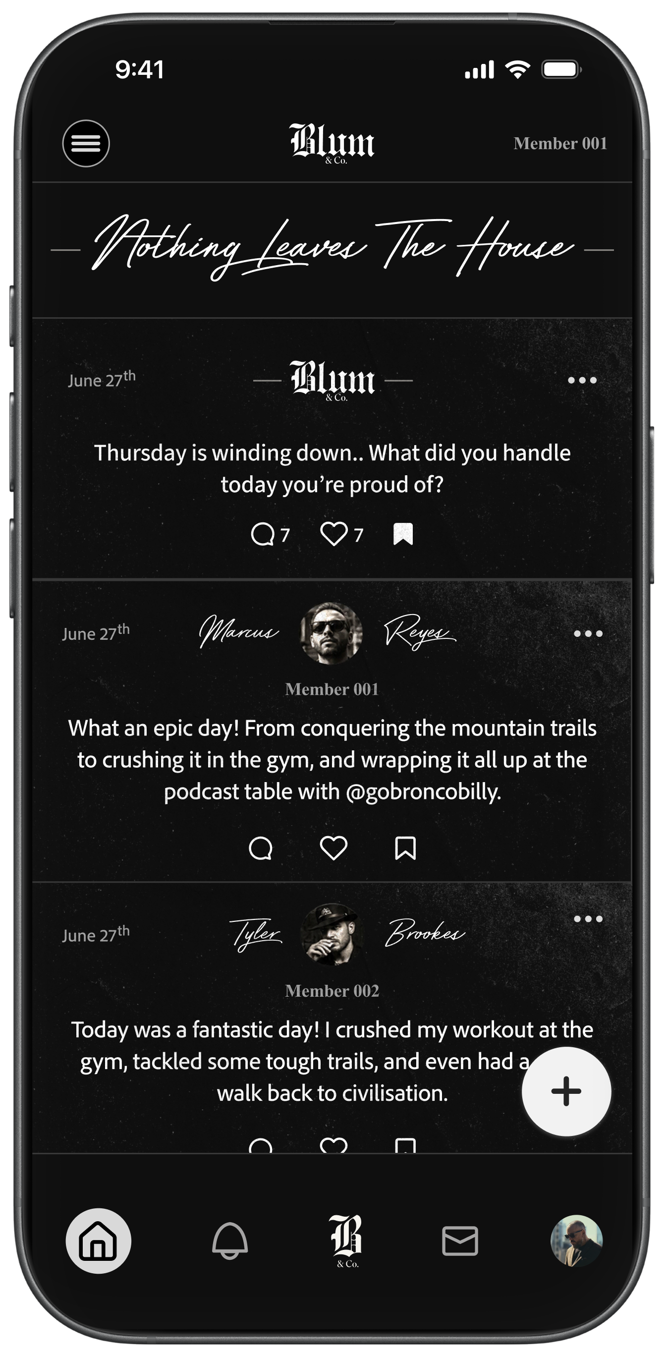 Mobile app screen showing a social feed with posts about workouts and mountain trails from members.