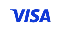 Visa credit card brand name in bold blue letters on a black background.