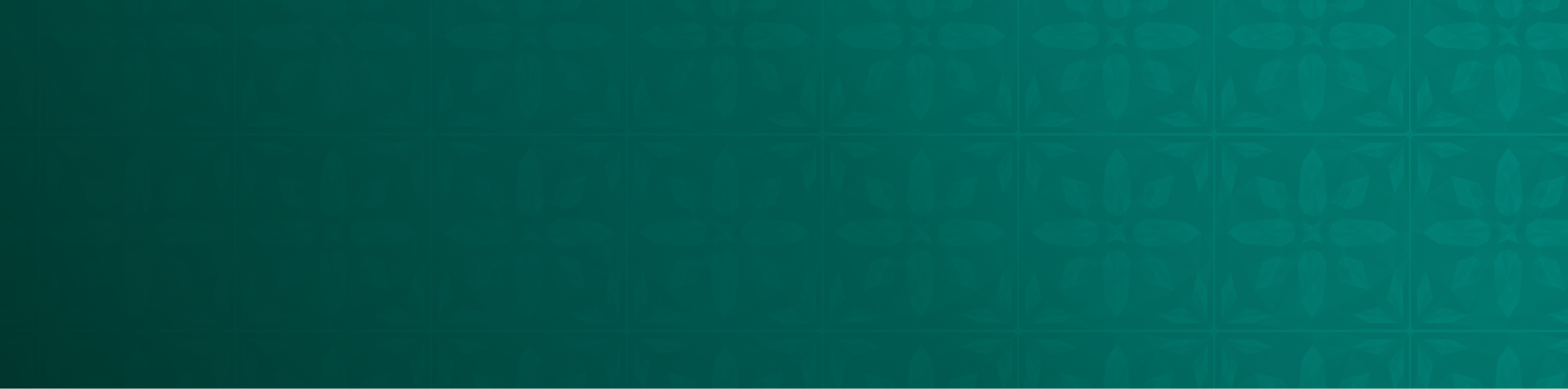 Teal background with a subtle repeating pattern of floral and geometric shapes.