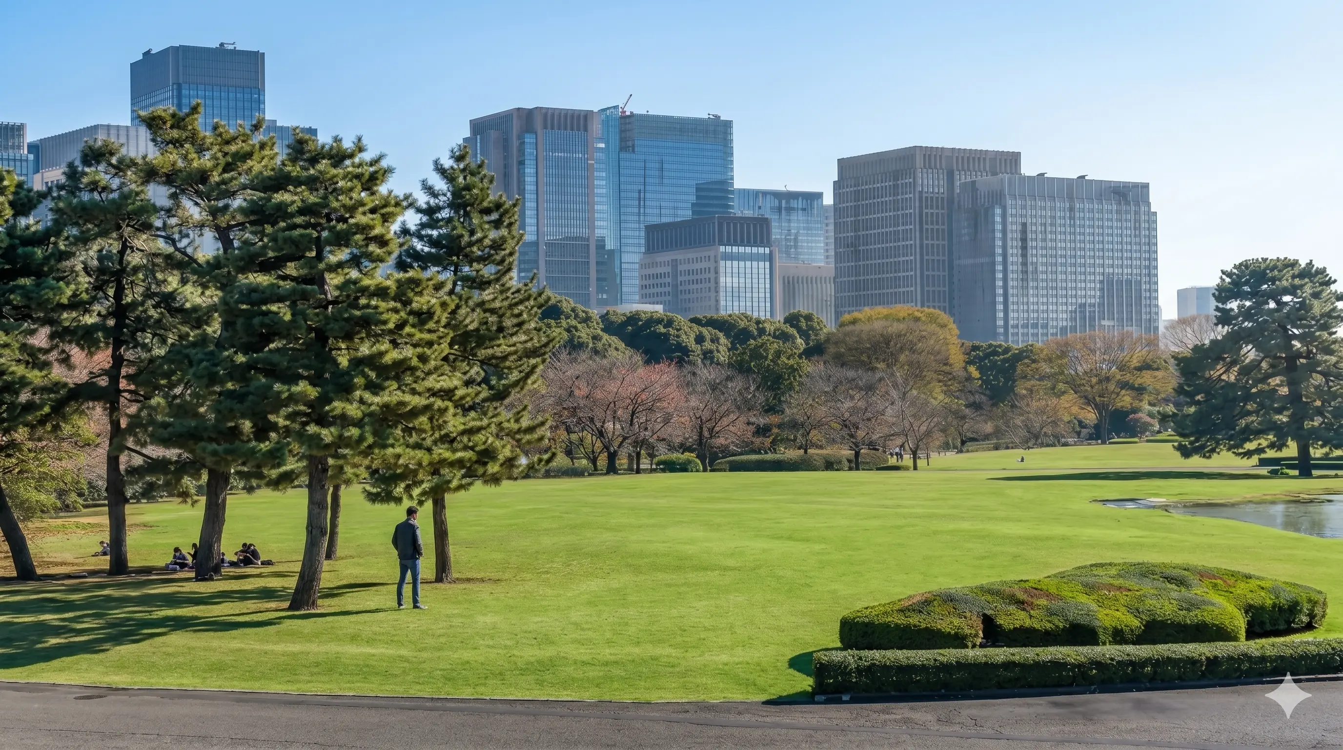 Parque urbano con césped verde, árboles y personas sentadas, con edificios altos de oficinas al fondo bajo un cielo azul despejado.
