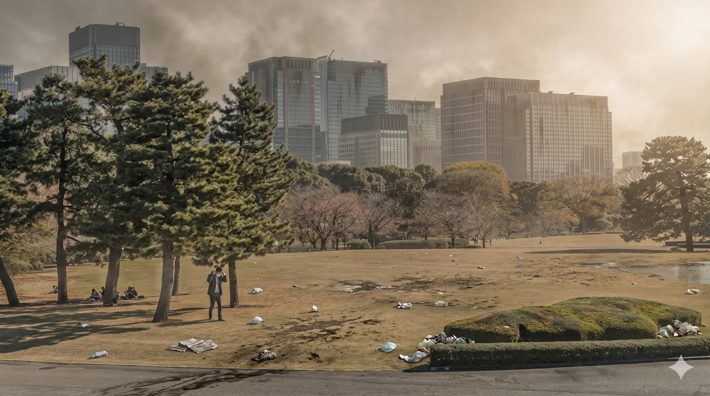 Parque urbano con césped seco cubierto de basura y humo denso en el cielo, con edificios altos de fondo.