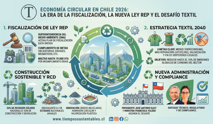 Una infografía detallada titulada "ECONOMÍA CIRCULAR EN CHILE 2026: LA ERA DE LA FISCALIZACIÓN, LA NUEVA LEY REP Y EL DESAFÍO TEXTIL" de Tiempos Sustentables. El diseño presenta un diagrama de flujo circular infinito alrededor de un horizonte urbano moderno y verde de Santiago (con la Gran Torre, montañas de los Andes y un autobús eléctrico). El flujo se divide en cuatro paneles principales numerados y titulados en sentido horario, empezando por arriba a la izquierda: FISCALIZACIÓN DE LEY REP: Incluye iconos como un mazo, lupa, escudo de la SMA y contenedores de reciclaje. Menciona que la Superintendencia del Medio Ambiente activa un plan de fiscalización data-driven, el riesgo legal y reputacional del greenwashing, y multas de hasta 10.000 UTA por incumplimiento grave. ESTRATEGIA TEXTIL 2040 (APROBADA OFICIALMENTE): Con iconos de una camisa, carrete, reciclaje y un gráfico. Detalla 4 metas clave como menos sobreconsumo, más reparación (upcycling), valorización y fin de vertederos ilegales (como Atacama). El objetivo es reducir hasta el 10% de emisiones globales de carbono del sector. CONSTRUCCIÓN SOSTENIBLE Y RCD (Residuos de Construcción y Demolición): Con iconos de grúas, edificios verdes, paneles solares y un estadio (Estadio Nacional). Menciona que el 34% de residuos sólidos nacionales son RCD, equivalente a más de 15 estadios nacionales anuales. Destaca innovaciones como áridos artificiales, madera plástica y aislantes textiles. NUEVA ADMINISTRACIÓN Y COMPLIANCE: Muestra el Palacio de La Moneda y fotos del Presidente José Antonio Kast y la Ministra Francisca Toledo. Señala que lideran la fiscalización y el cumplimiento con enfoque técnico y regulatorio. Menciona un tránsito socioecológico justo e irreversible. En la parte inferior, aparece el sitio web "www.tiempossustentables.cl" y enlaces a redes sociales. Un botón en la esquina inferior derecha dice "LEER REPORTAJE COMPLETO". El estilo es limpio, profesional y de vector.