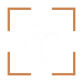 White 3D cube icon inside four brown corner brackets on black background.