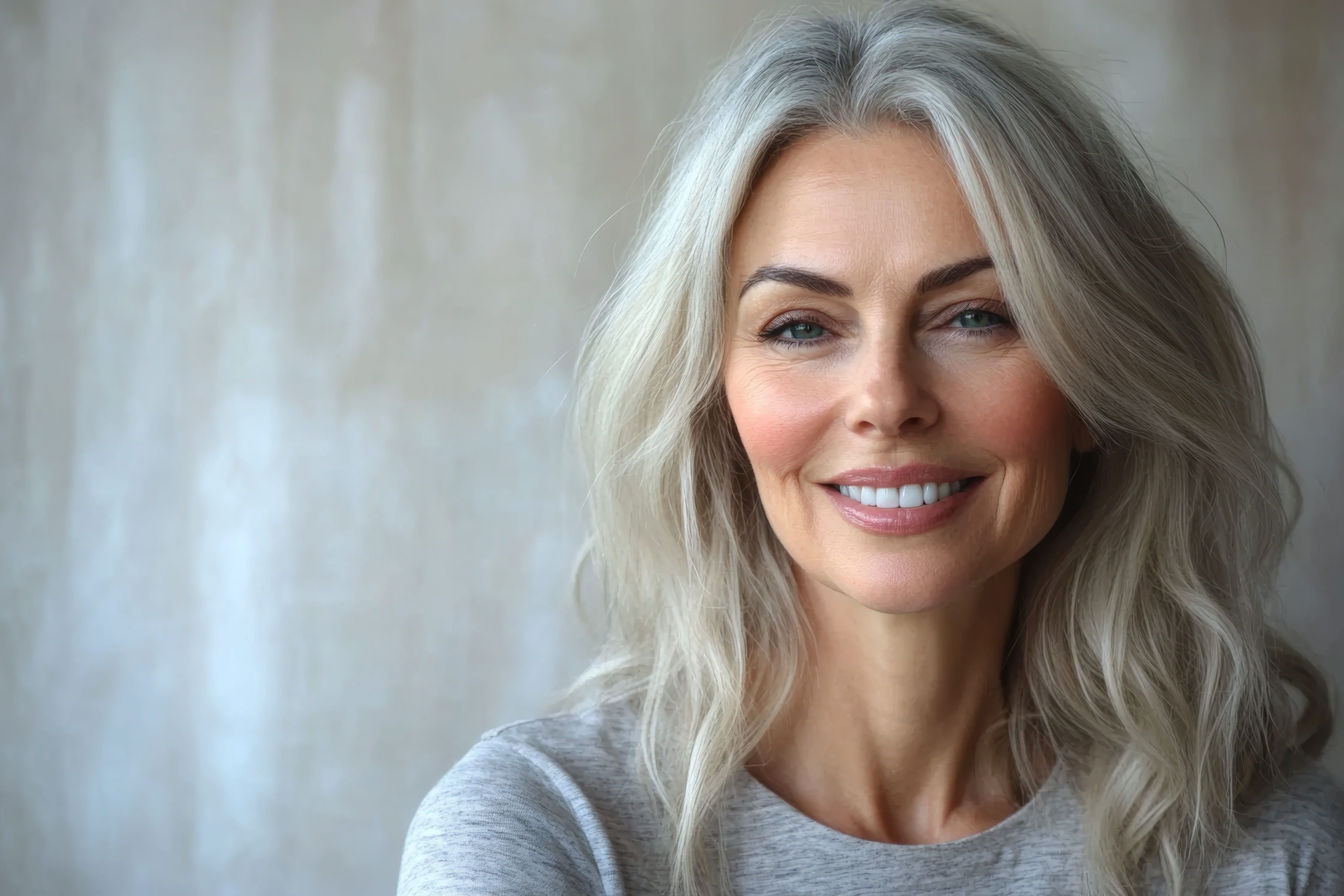 Smiling middle-aged woman with long gray hair and light makeup wearing a gray top.