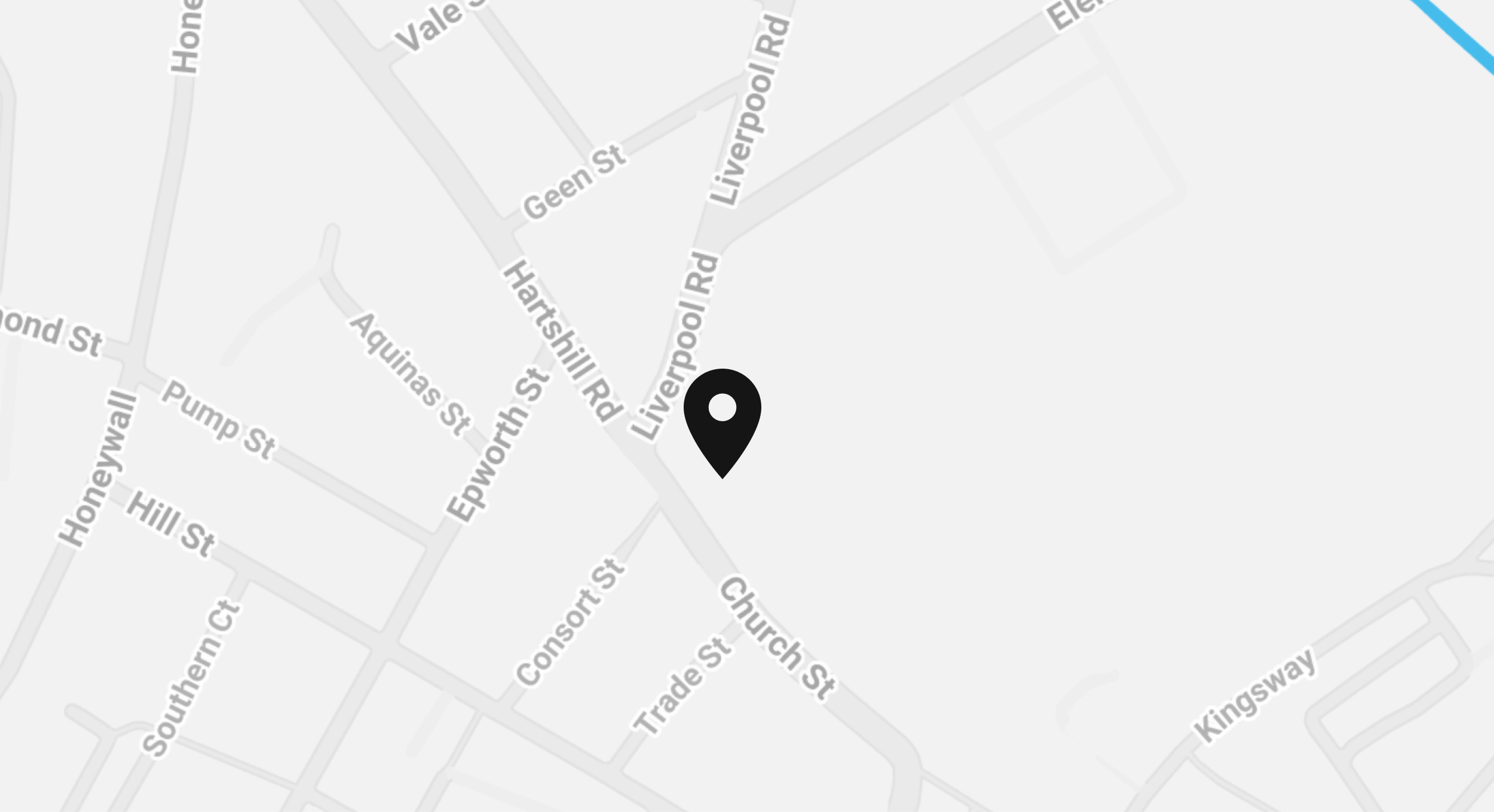 Map showing a location marker at the intersection of Liverpool Rd and Church St.