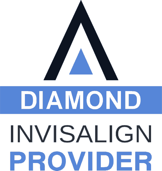 Diamond Invisalign Provider logo featuring a blue triangle and black letters on a blue background.