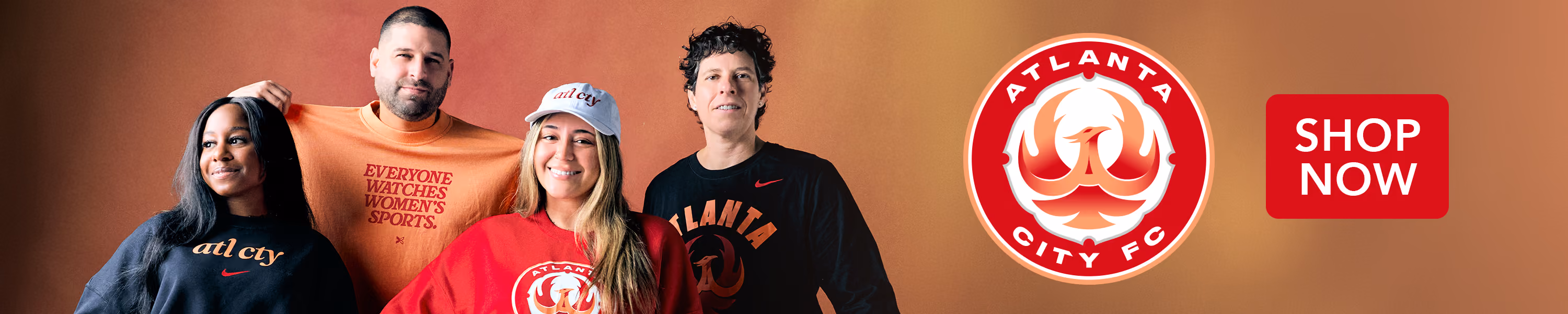 Four people wearing Atlanta City FC apparel beside the club crest and a Shop Now button.