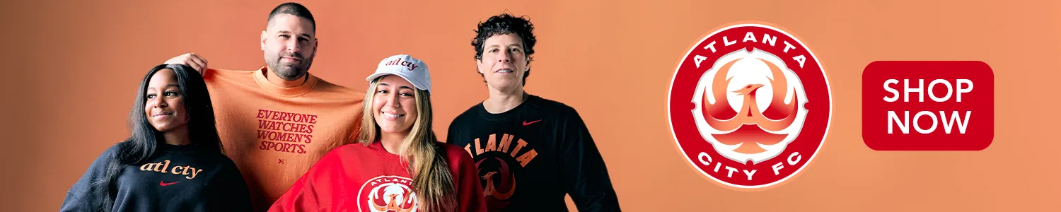 Four people wearing Atlanta City FC apparel beside the club crest and a Shop Now button.