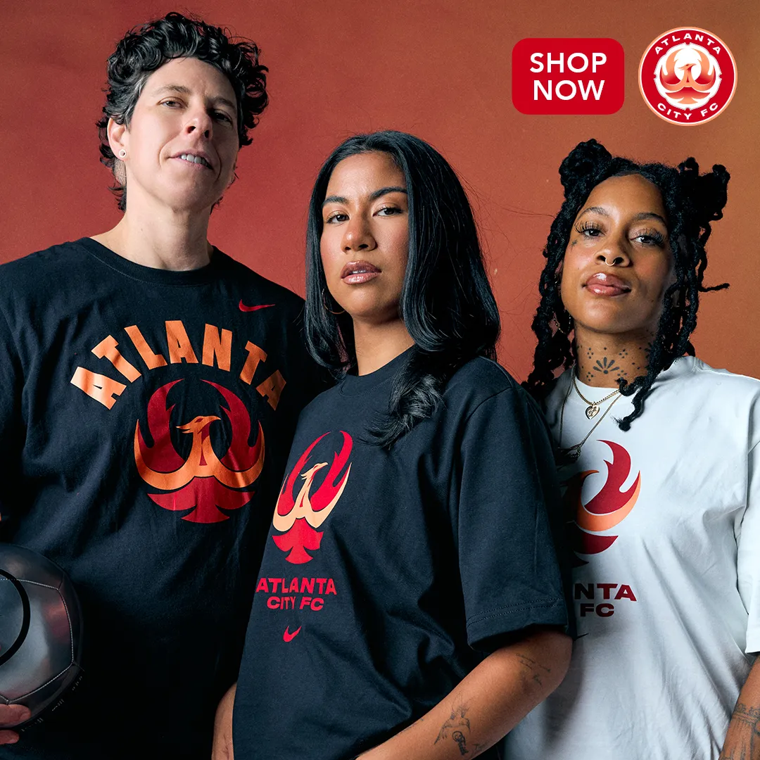 Three people in Atlanta City FC T-shirts featuring the phoenix crest, next to the club crest and a Shop Now button.